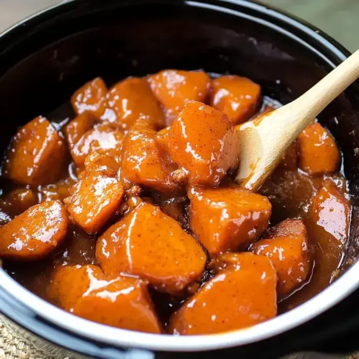 Eine Nahaufnahme von Süßkartoffeln, überzogen mit einer glänzenden braunen Sauce, mit einem Holzlöffel zwischen den Stücken in einer schwarzen Schüssel.