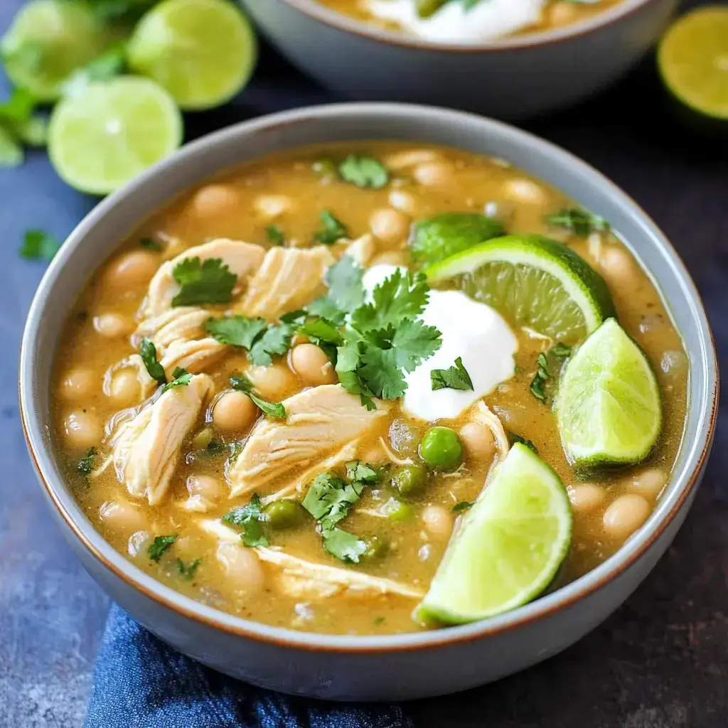 Eine Schüssel grünes Hähnchen-Chili garniert mit Koriander, Limettenspalten und einem Klecks saurer Sahne.