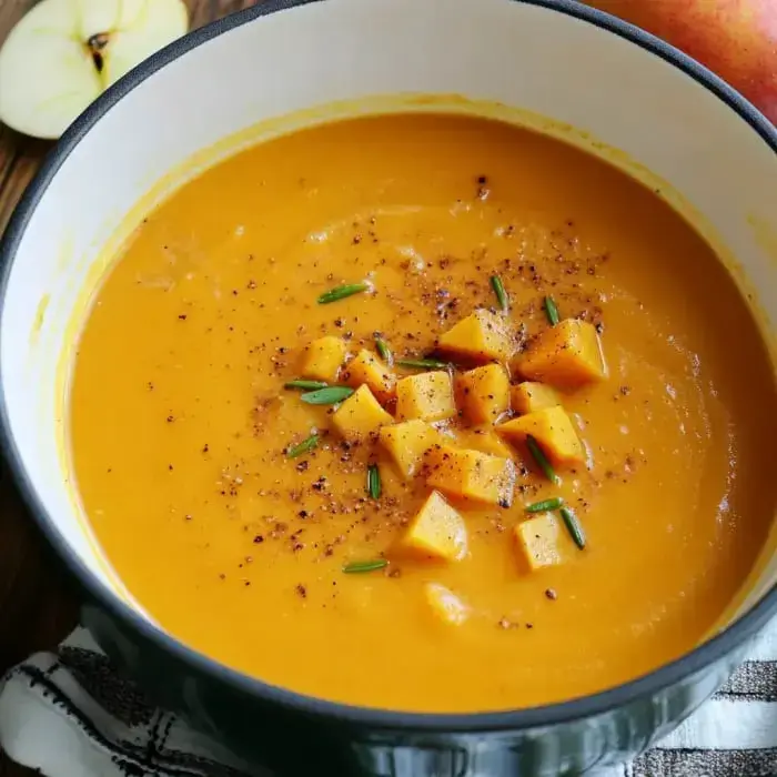 Eine Schüssel cremiger oranger Suppe, garniert mit gewürfeltem Gemüse und Kräutern, mit einem teilweise sichtbaren Apfel im Hintergrund.