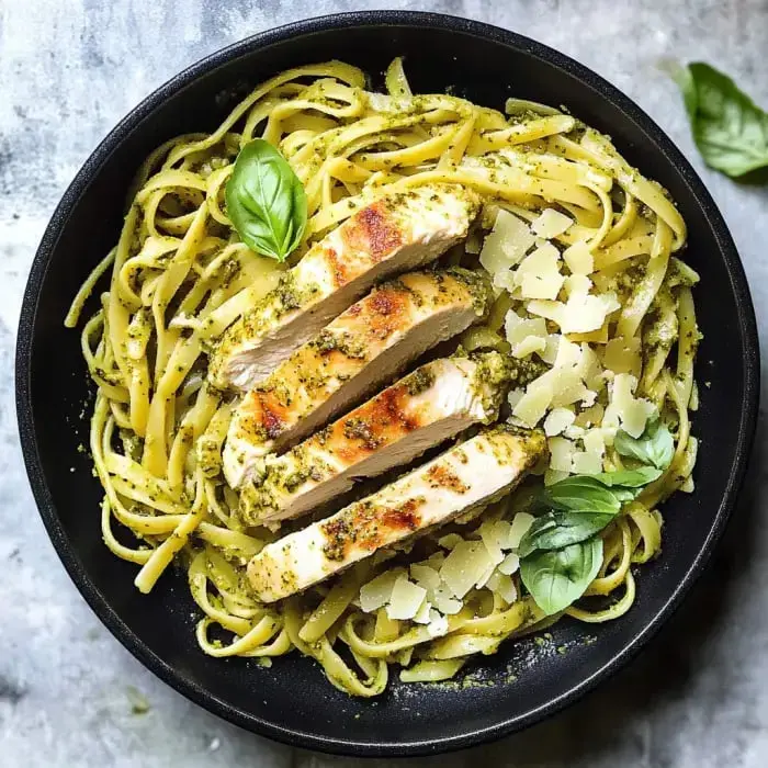 Eine schwarze Schüssel gefüllt mit Pesto-Pasta, belegt mit geschnittenem gegrilltem Hähnchen, gehobeltem Parmesan und frischen Basilikumblättern.