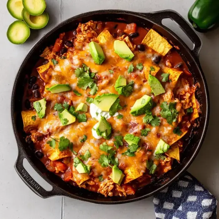 Eine Pfanne gefüllt mit käsigem Hähnchen-Tortilla-Auflauf, belegt mit Avocado, Koriander und serviert mit geschnittenen Avocados und einer grünen Paprika als Beilage.