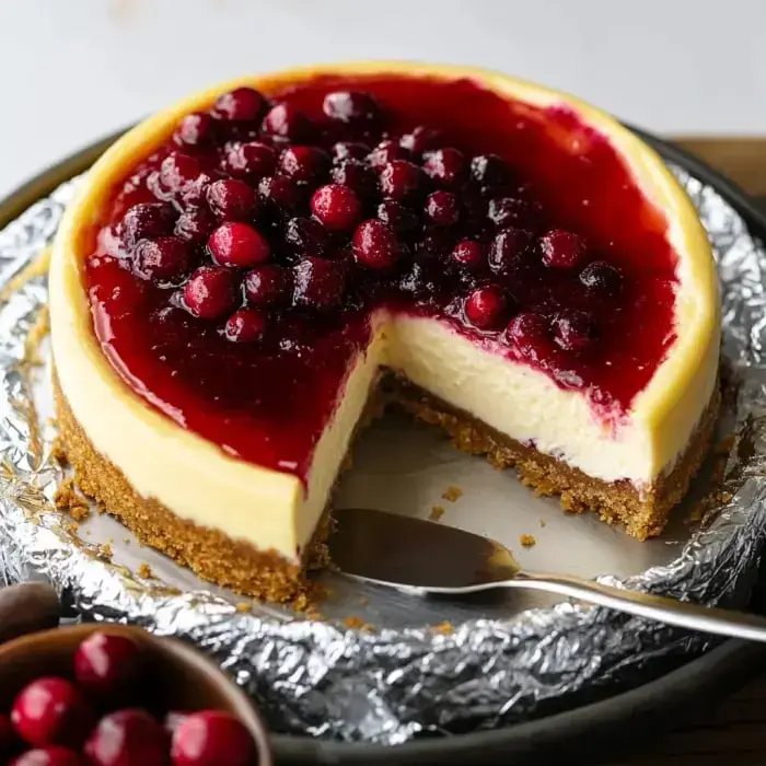 Ein angeschnittener Cheesecake mit einer Schicht Cranberrysoße und ganzen Cranberrys auf einer silbernen Platte.