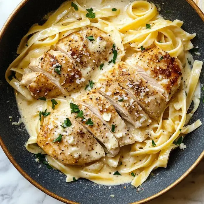 Ein cremiges Fettuccine-Nudelgericht, belegt mit geschnittenem gegrilltem Hähnchen und mit Petersilie garniert.