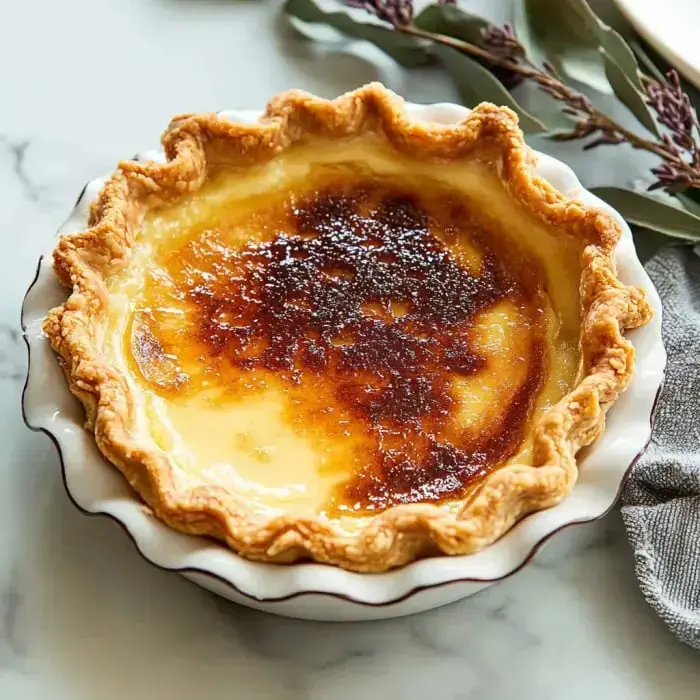 Ein goldbrauner Kuchen mit karamellisierter Oberfläche in einer weißen Form auf Marmorplatte, umgeben von grünen Zweigen.