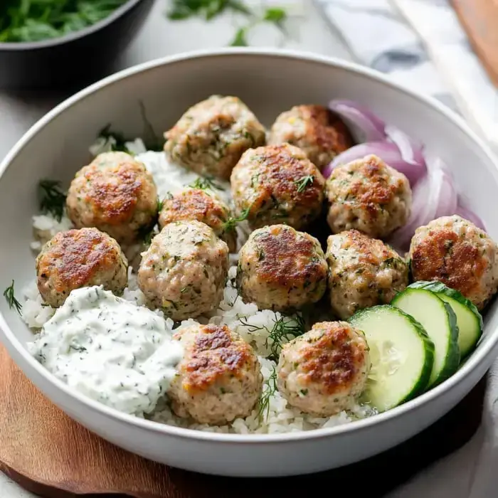 Eine Schüssel Reis belegt mit goldbraunen Hackbällchen, frischem Dill, Gurkenscheiben, roten Zwiebeln und einem Klecks cremiger Sauce.