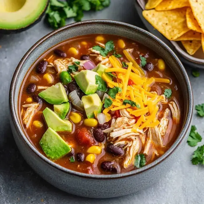 Eine Schüssel Hühnersuppe mit schwarzen Bohnen, Mais, gewürfelten Tomaten, Avocado, geriebenem Käse und Koriander, dazu Tortilla-Chips.