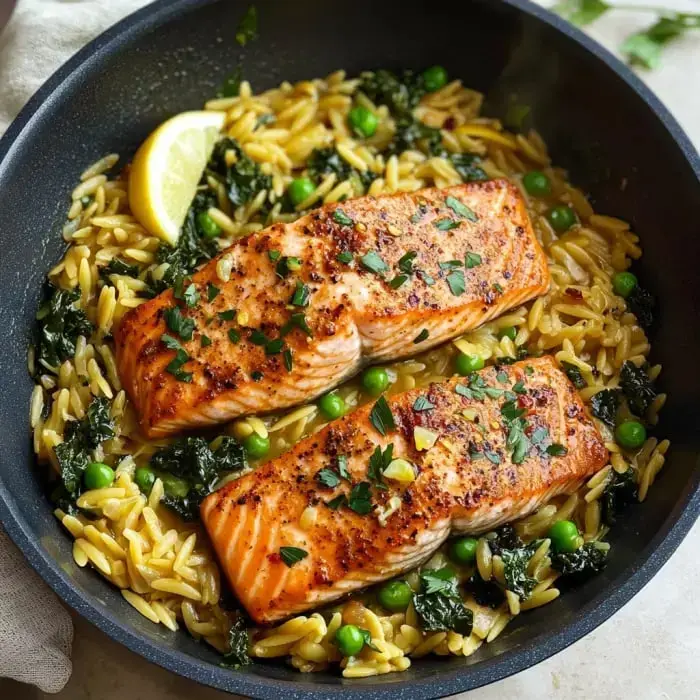 Eine Pfanne Orzo-Pasta mit zwei Stück gegrilltem Lachs, garniert mit Petersilie und serviert mit Erbsen und Grünkohl, daneben eine Zitronenscheibe.