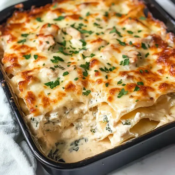 Eine cremige, käsige Lasagne mit Schichten aus Nudeln und Spinat, überbacken mit geschmolzenem Käse und frischer Petersilie.