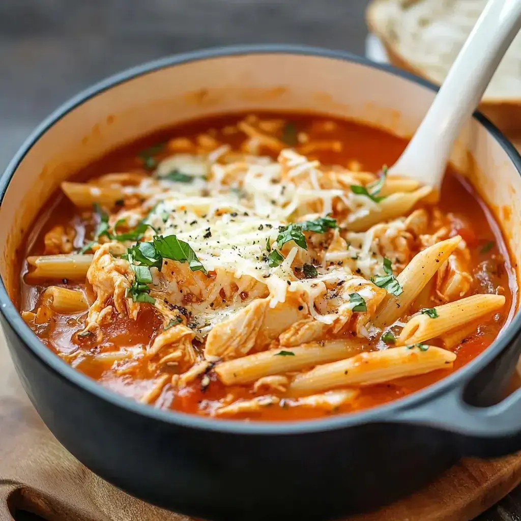 Eine Schüssel Nudeln mit Hähnchenfleisch, Tomatensoße, geriebenem Käse und frischen Kräutern.