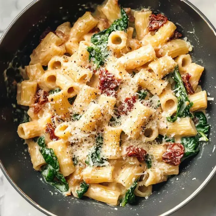 Eine Schüssel Rigatoni mit Spinat und getrockneten Tomaten, garniert mit geriebenem Käse und schwarzem Pfeffer.