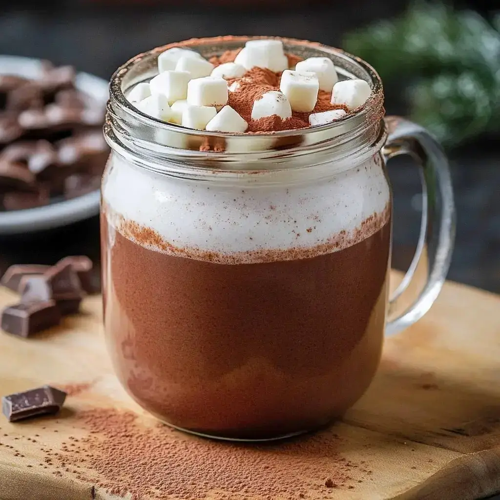 Ein Glas gefüllt mit heißer Schokolade, garniert mit Schlagsahne, Kakaopulver und Mini-Marshmallows, umgeben von Schokoladenstücken auf einer Holzoberfläche.