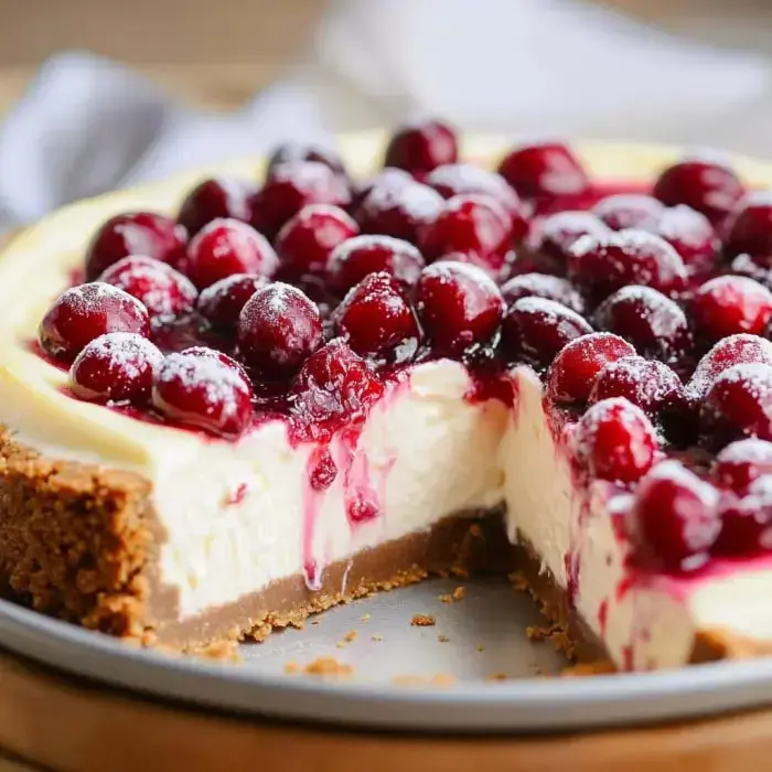 Ein angeschnittener Käsekuchen mit glänzender roter Cranberrysoße und ganzen Cranberrys auf Keksboden.