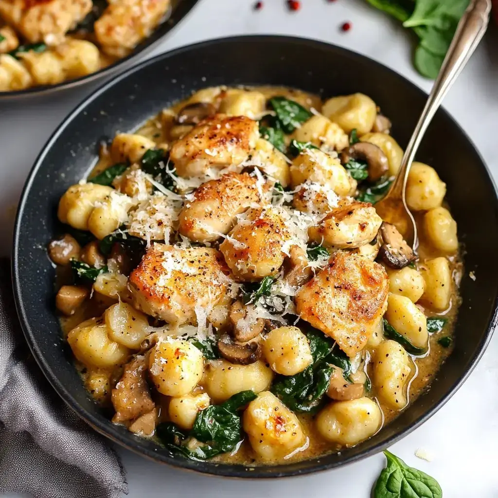 Eine Schüssel Gnocchi mit sautiertem Hähnchen, Spinat und Pilzen, garniert mit geriebenem Käse.