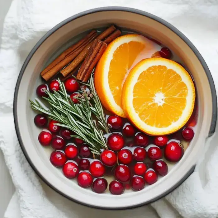 Eine Schüssel gefüllt mit Cranberries, Orangenscheiben, Zimtstangen und Rosmarinblättern.