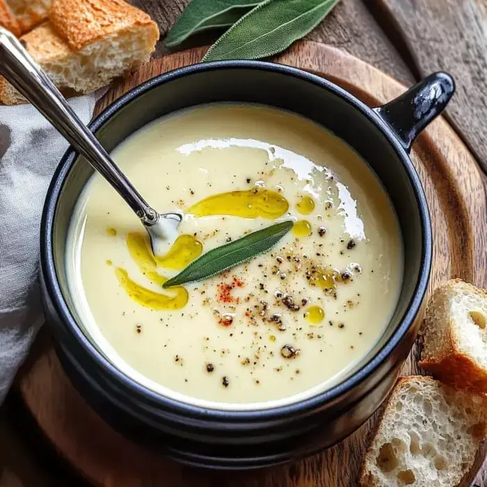 Eine schwarze Schüssel mit cremiger Suppe, garniert mit Olivenöl, Gewürzen und einem Zweig Salbei, begleitet von Brotstücken auf einem hölzernen Servierbrett.