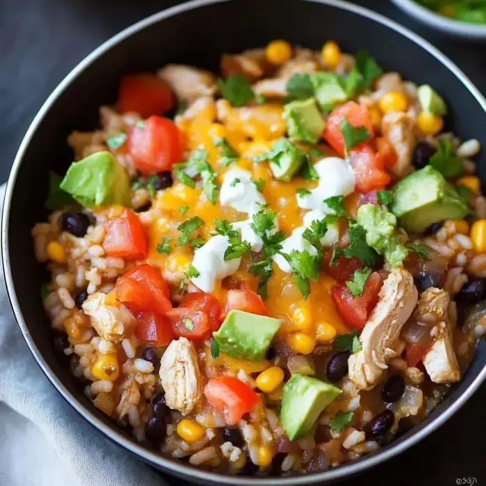 Eine bunte Schüssel mit Reis, belegt mit zerpflücktem Hähnchen, schwarzen Bohnen, Mais, gewürfelten Tomaten, Käse, Avocado und saurer Sahne, garniert mit frischem Koriander.