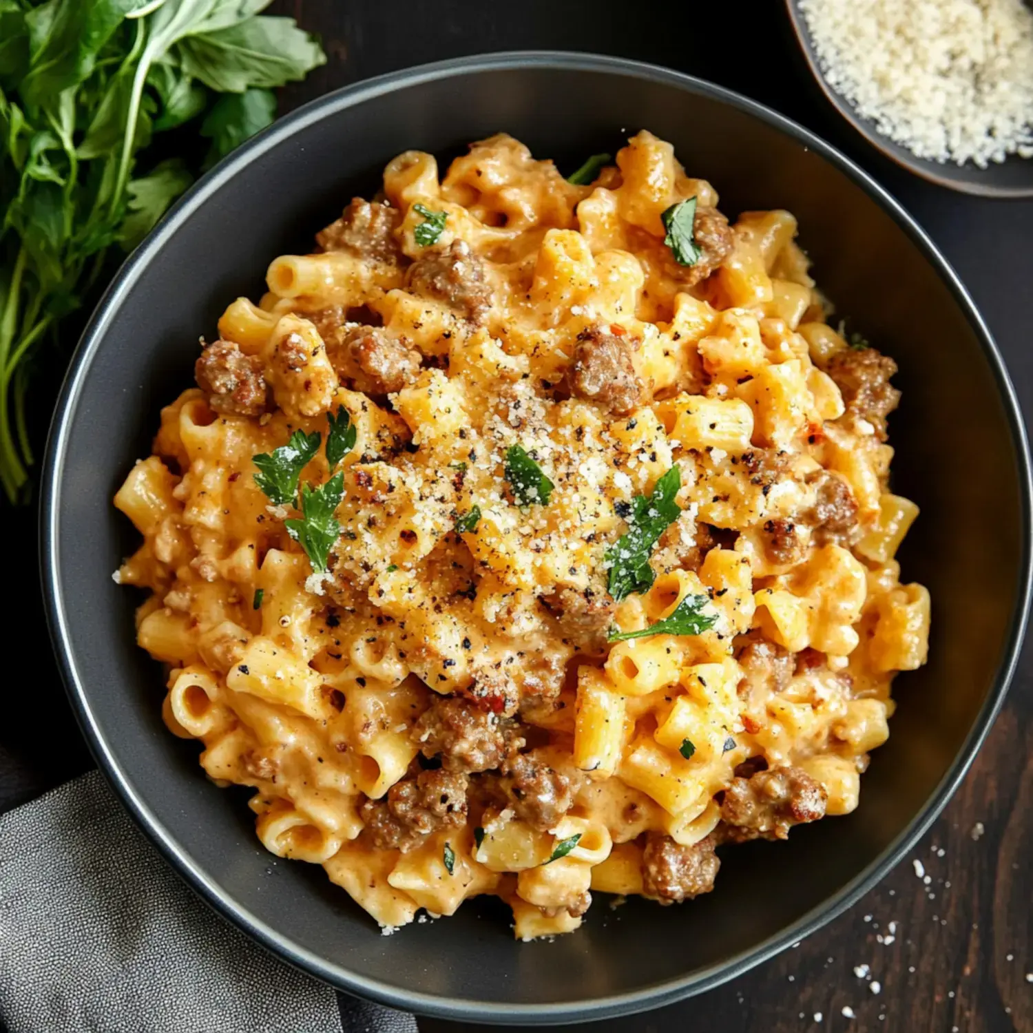 Eine Schüssel cremige Pasta garniert mit Hackfleisch, Petersilie und geriebenem Käse, angerichtet auf einer dunklen Holzoberfläche mit frischen Kräutern in der Nähe.