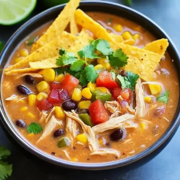 Eine Schüssel bunter Hähnchen-Tortilla-Suppe, garniert mit Tortillachips, Koriander und gewürfeltem Gemüse.