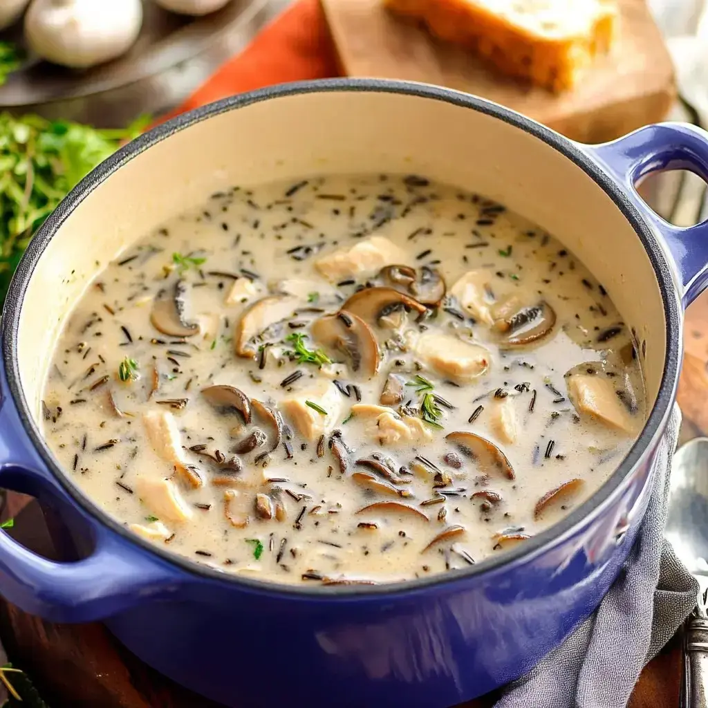 Ein blauer Topf gefüllt mit cremiger Hähnchen-Pilz-Suppe, mit Wildreis und frischen Kräutern garniert.