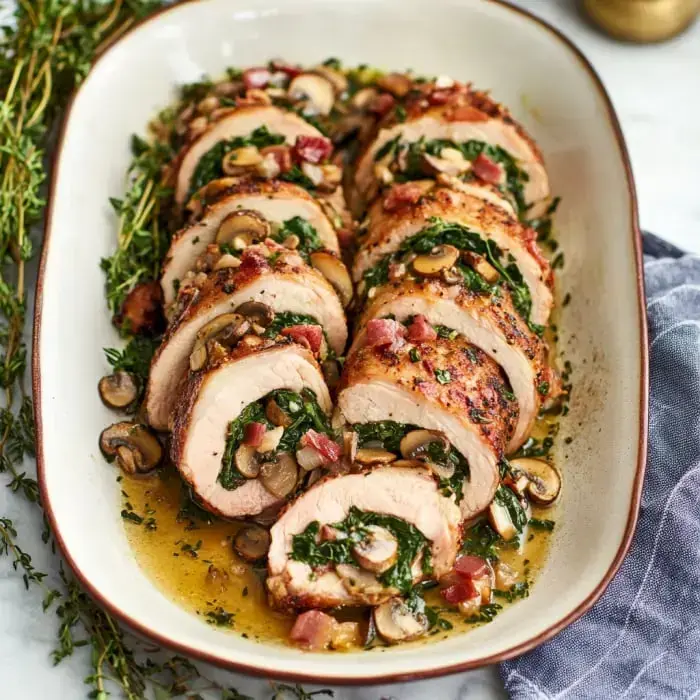 Ein wunderschön angerichteter Teller mit aufgeschnittenem gefülltem Schweinefilet, gefüllt mit Spinat, Pilzen und Speck, garniert mit frischen Kräutern und mit Sauce beträufelt.