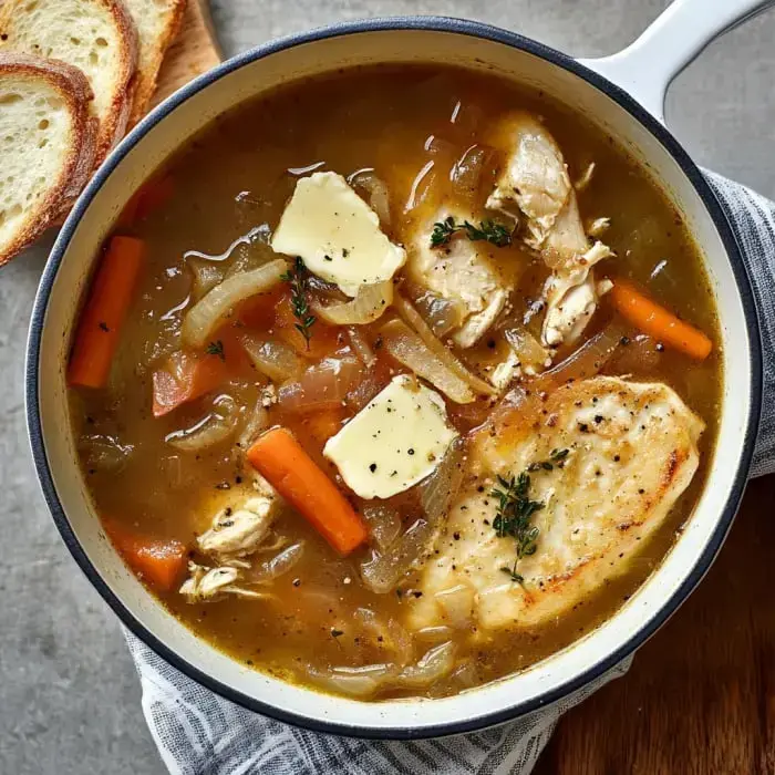 Eine Nahaufnahme einer Schüssel Hühnersuppe mit Karotten, Zwiebeln und Butter, garniert mit Thymian, daneben Brotscheiben.