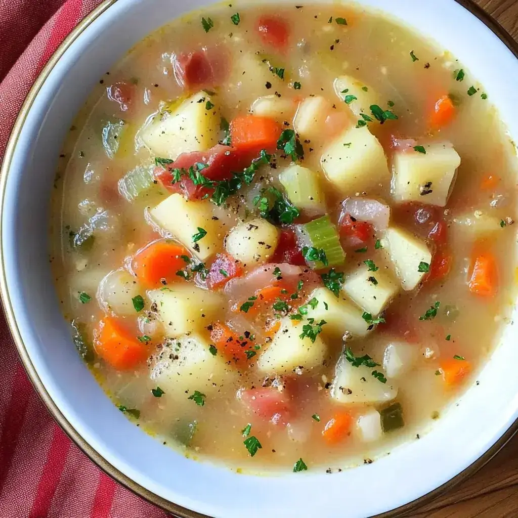 Eine Schüssel Gemüsesuppe mit gewürfelten Kartoffeln, Karotten, Sellerie, Tomaten und mit Petersilie garniert.