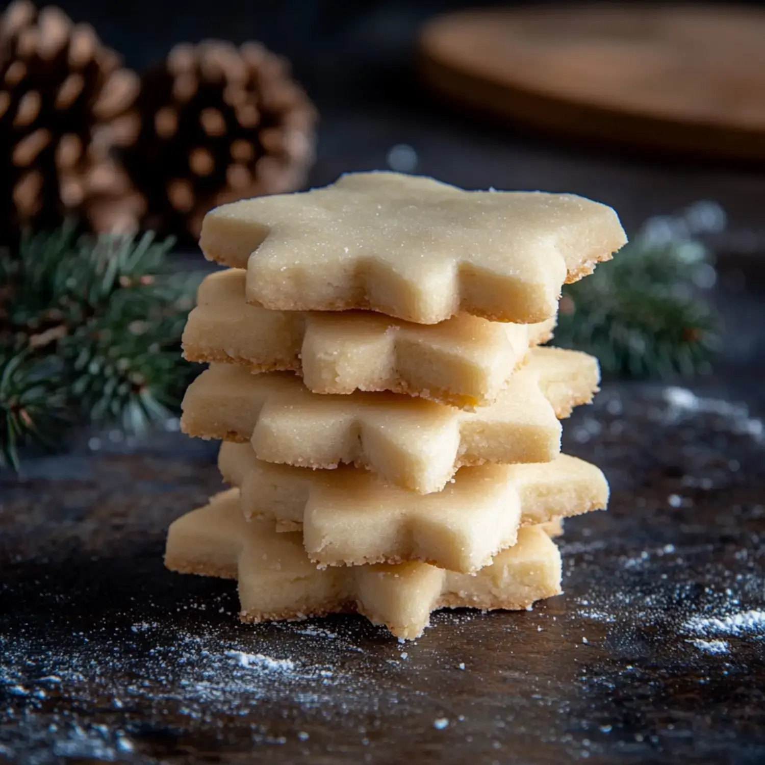 Ein Stapel sternförmiger Plätzchen wird auf einer Holzoberfläche präsentiert mit Tannenzapfen und Grün im Hintergrund.