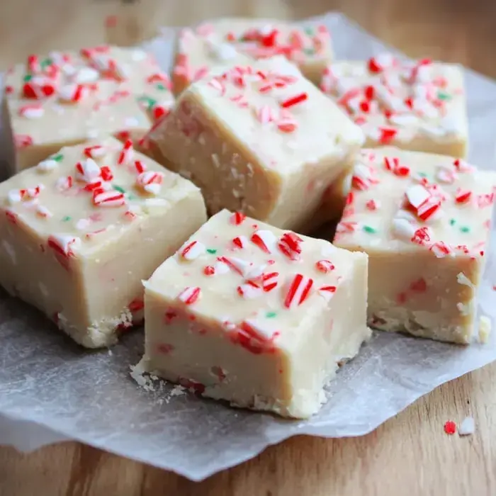 Eine Nahaufnahme von Pfefferminz-Fudge-Quadraten, garniert mit zerkleinerten roten und grünen Bonbons auf einem Blatt Backpapier.