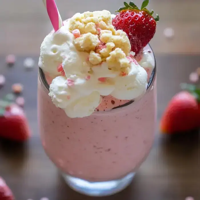 Ein rosa Erdbeer-Milchshake garniert mit Schlagsahne, zerkleinerten Keksen und einer frischen Erdbeere, serviert mit einem Strohhalm.