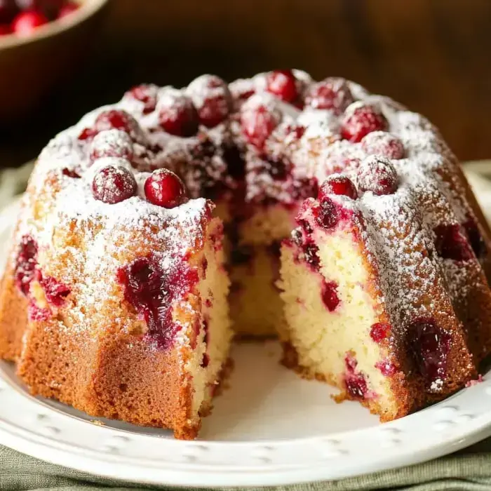 Ein angeschnittener Guglhupf, garniert mit Cranberries und mit Puderzucker bestäubt auf einem dekorativen Teller.