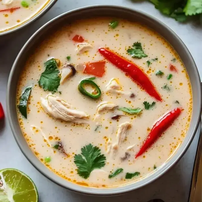 Eine Schüssel cremiger Suppe mit zerrupftem Hähnchen, buntem Gemüse, garniert mit frischen Kräutern und roten Chilischoten.