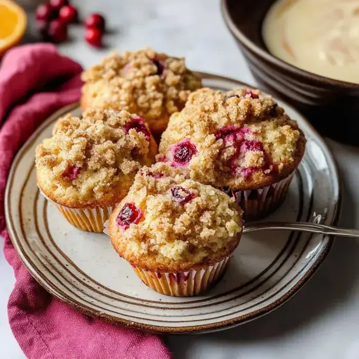 Ein Teller mit frisch gebackenen Cranberry-Muffins, garniert mit krümeligem Streusel, begleitet von einem rosa Tuch und einer Schale Sahne im Hintergrund.