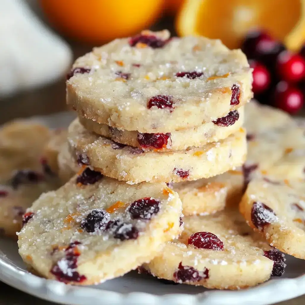 Ein Stapel zuckerbestäubter Kekse mit Cranberries und Orangenschale, auf einem weißen Teller ruhend, mit frischen Orangen und Cranberries im Hintergrund.