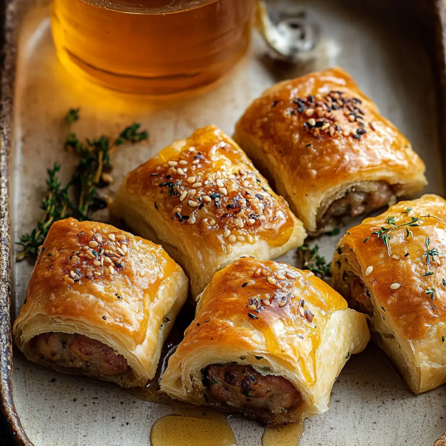 Ein Blech goldbrauner Blätterteig Röllchen gefüllt mit Fleisch, garniert mit Sesam und Thymian, daneben ein Glas Honig.