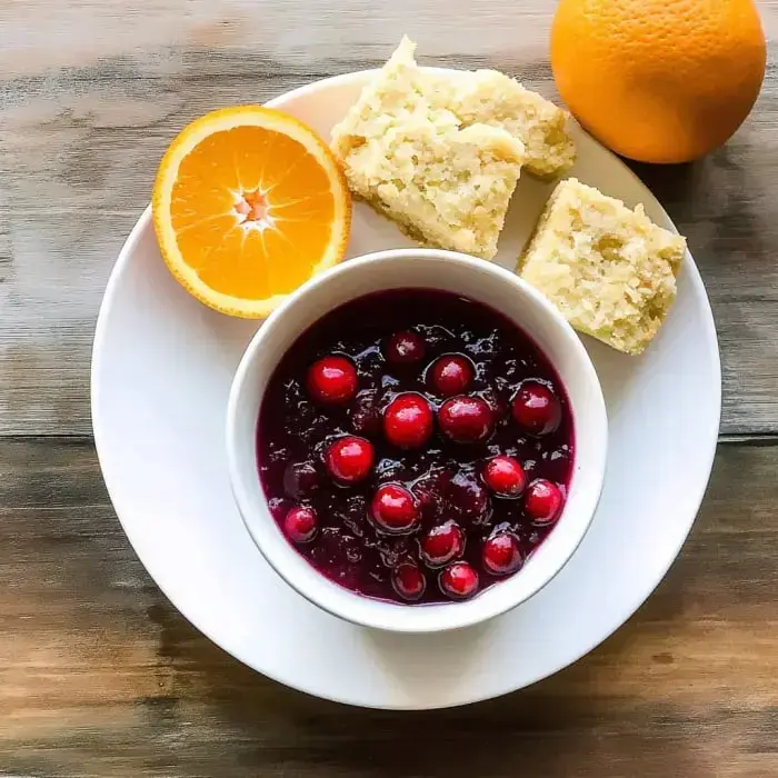 Ein Teller mit einer Schale Cranberry-Sauce mit ganzen Cranberries, zwei Stücken Maisbrot und einer geschnittenen Orange.