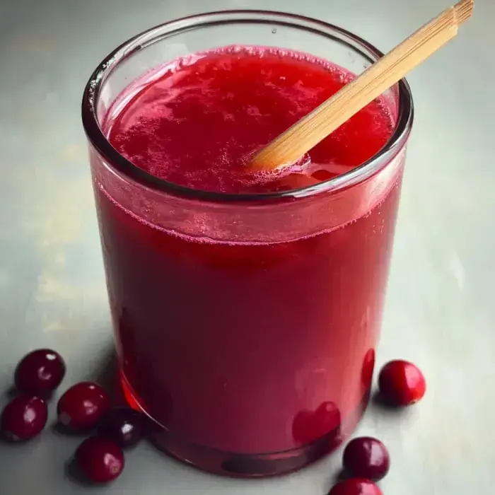 Ein Glas gefüllt mit leuchtendem roten Saft und einem Holzrührer, umgeben von frischen Cranberries.