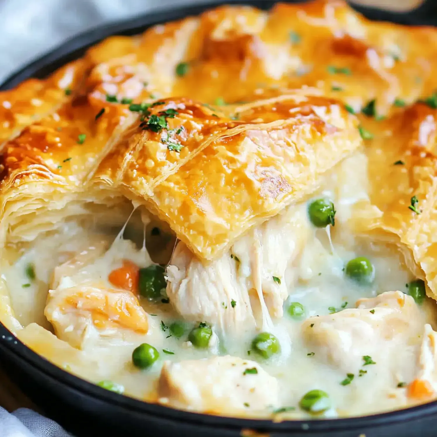 Eine köstliche Hähnchenpastete mit goldener, blättriger Kruste und cremiger Füllung mit Hähnchen, Erbsen und Karotten.