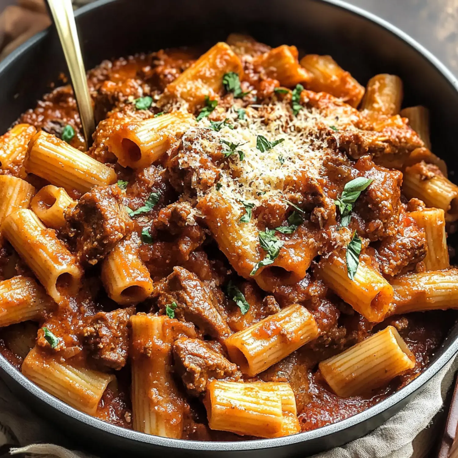 Eine Nahaufnahme einer Schüssel Rigatoni in reichhaltiger Fleischsauce, garniert mit geriebenem Käse und frischen Kräutern.