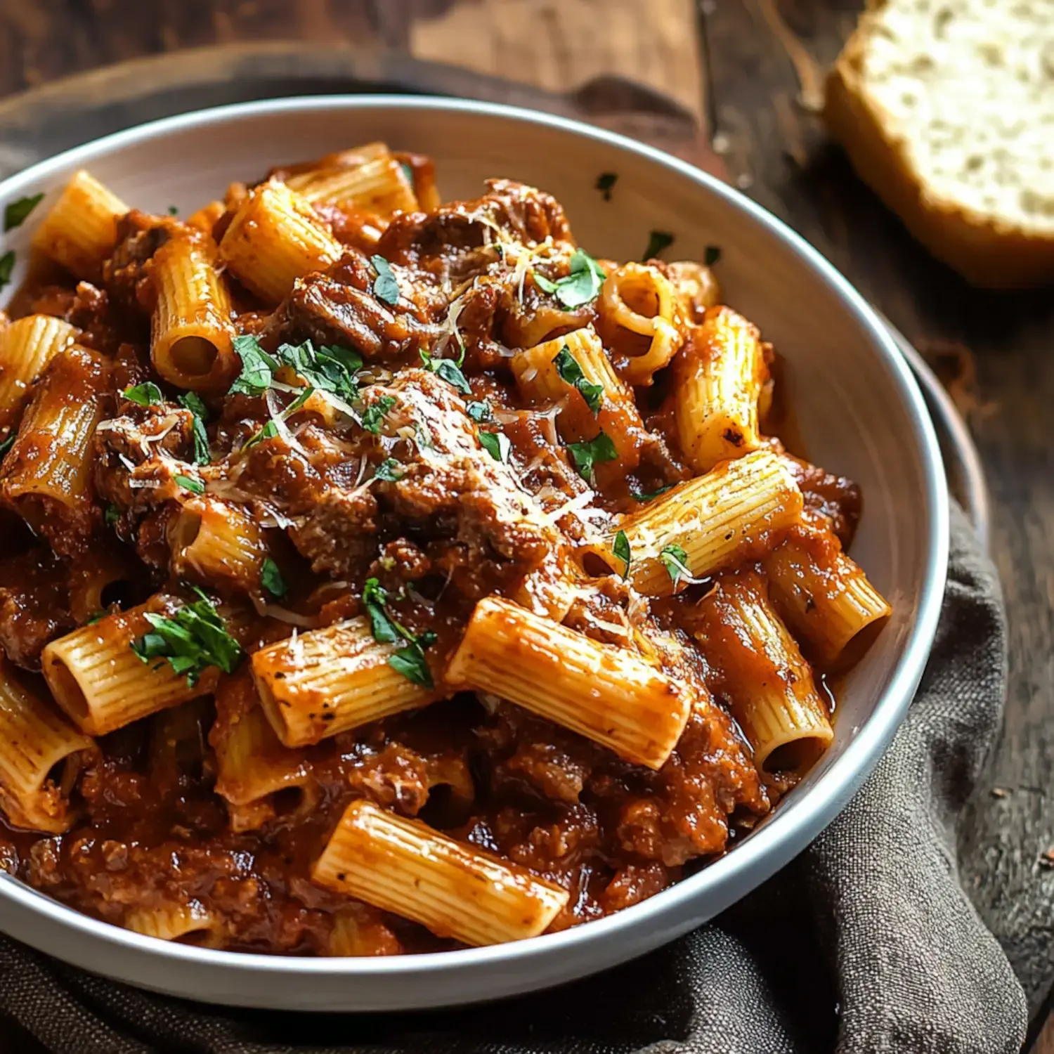 Eine Schüssel Rigatoni garniert mit einer reichhaltigen Fleischsauce, Petersilie und geriebenem Käse.