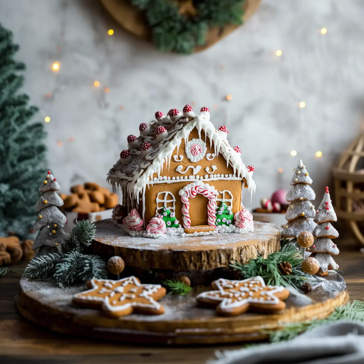 Ein wunderschön dekoriertes Lebkuchenhaus mit Süßigkeiten-Verzierungen, umgeben von Miniatur-Tannenbäumen und schneeflockenfömigen Plätzchen auf einer Holzplatte.