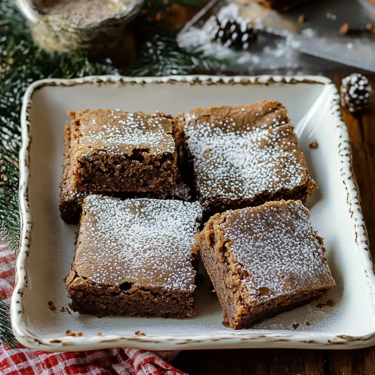 Ein Teller mit Schokoladen Brownies mit Puderzucker bestäubt, umgeben von Tannenzweigen und einem rot karierten Tuch.