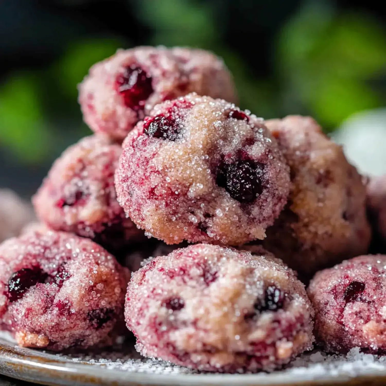 Eine Nahaufnahme eines Stapels zuckriger, mit Cranberries gespickter Plätzchen.