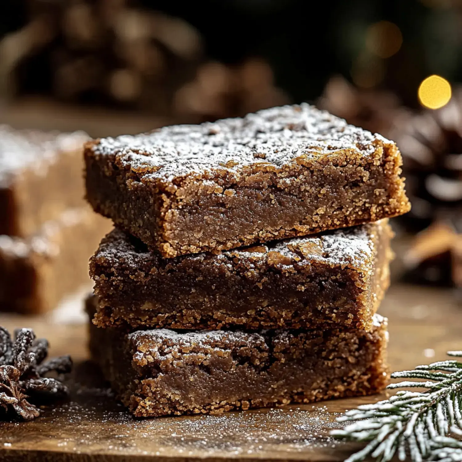 Ein Stapel reichhaltiger, mit Puderzucker bestäubter Brownies ruht auf einer Holzoberfläche, umgeben von festlichen Tannenzapfen und Grün.