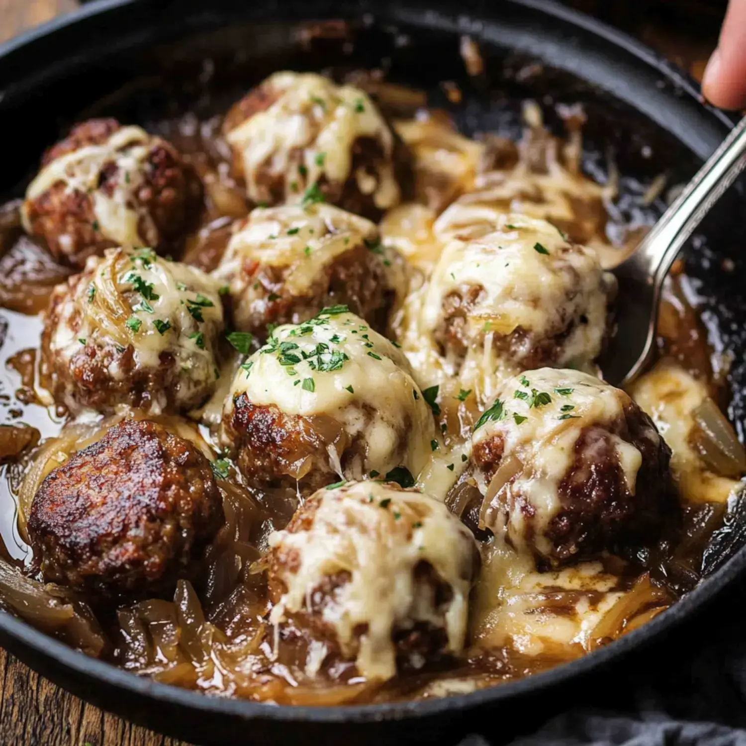 Eine Pfanne mit käsigen Hackbällchen, die in einer würzigen Sauce mit Zwiebeln köcheln, garniert mit Petersilie.