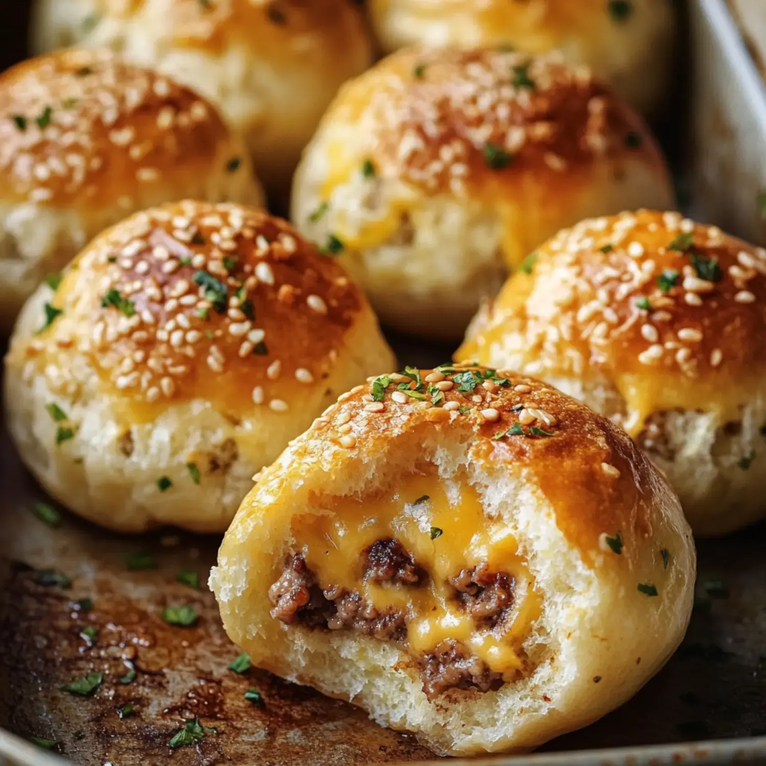 Ein Blech mit goldbraunen gefüllten Fleisch-Käse-Brötchen, eines davon halbiert um die saftige Füllung zu zeigen.