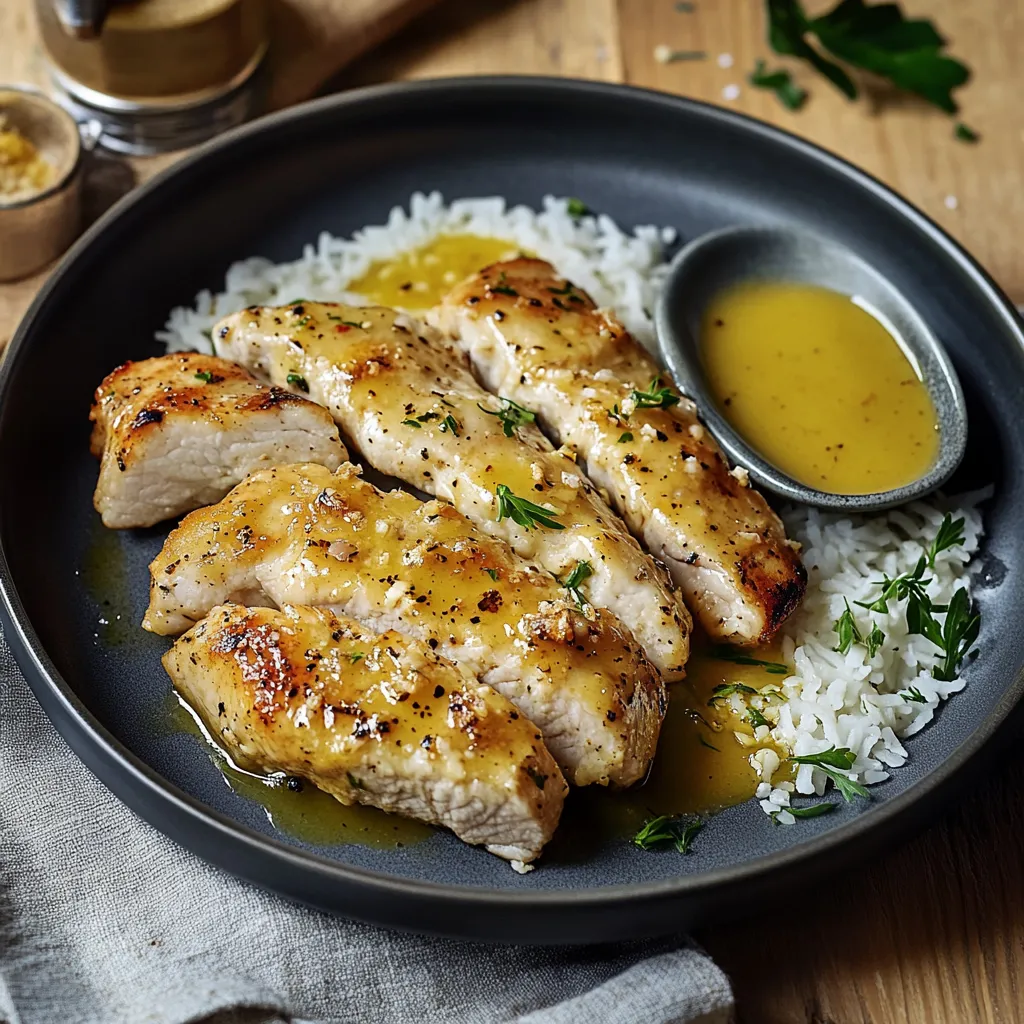 Plato de pollo con arroz y salsa.
