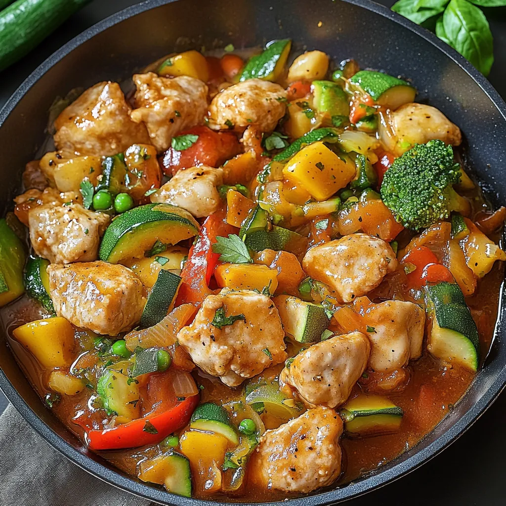 Un plato de pollo con verduras.