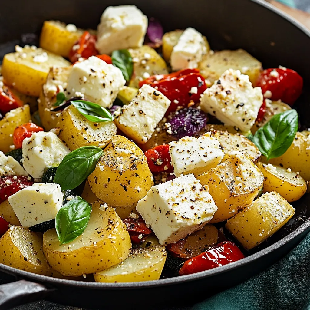 Un plato de vegetales con queso feta y hierbas.
