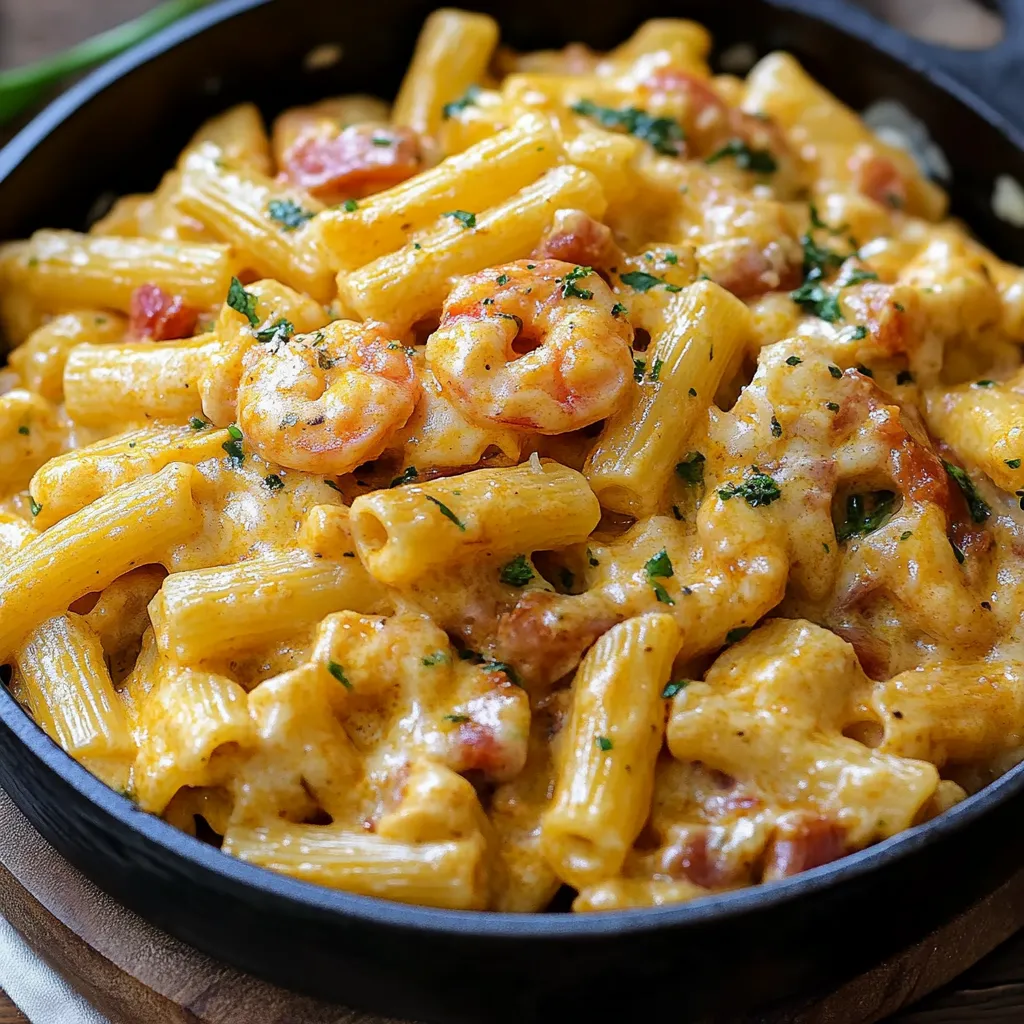 Una cazuela llena de macaroni y camarones.