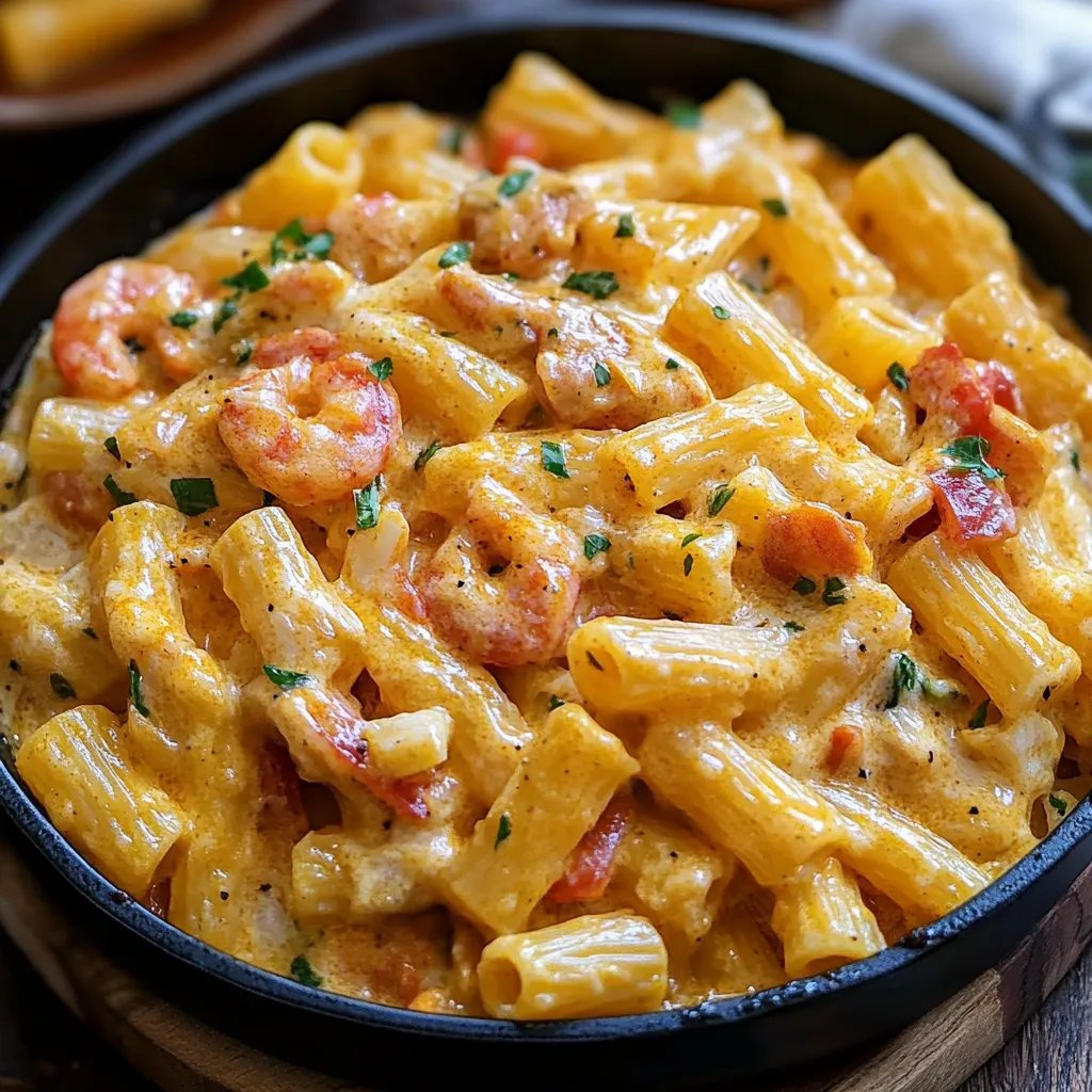 Una cazuela llena de macaroni con tomates y camarones.